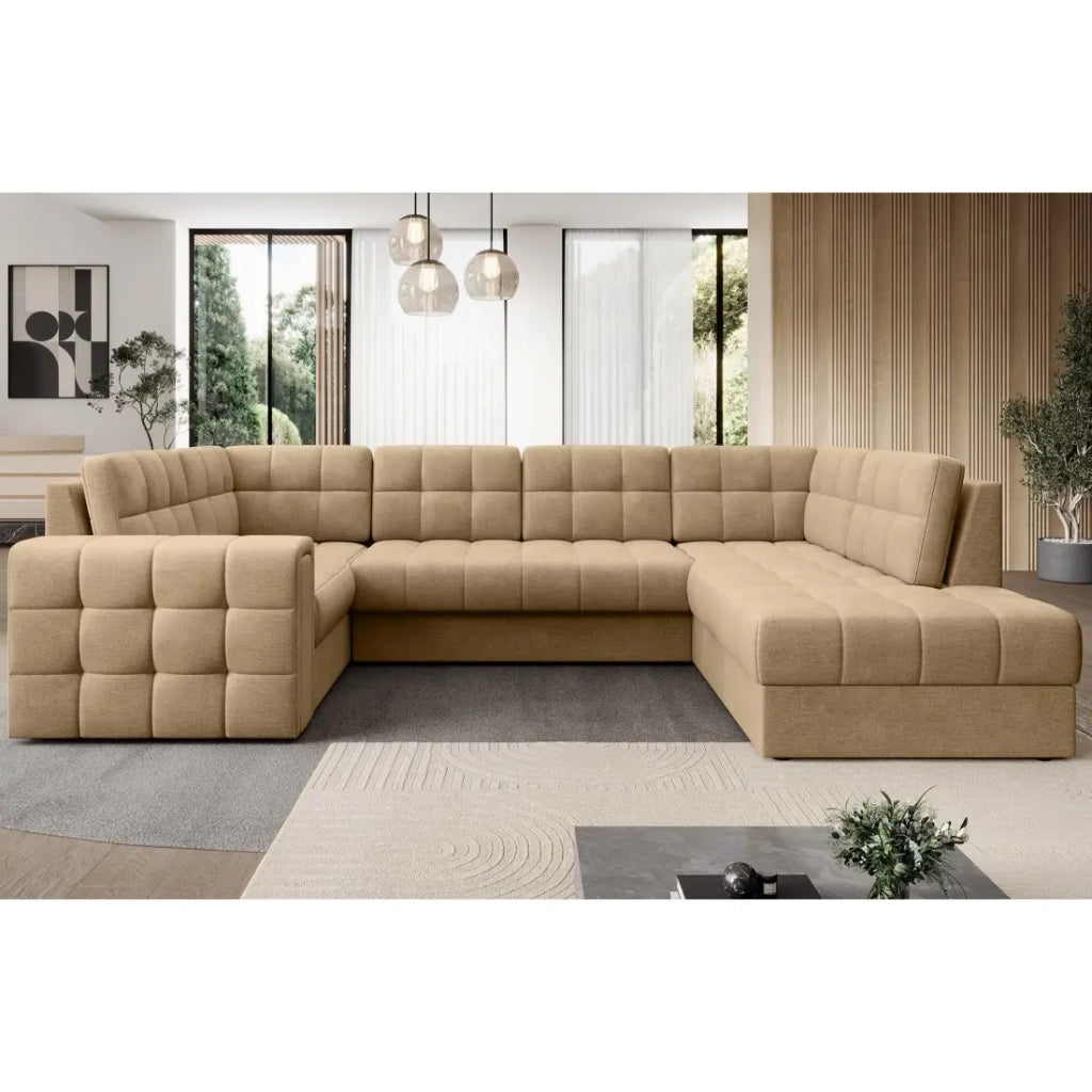 Divano angolare convertibile MONTEZA marrone chiaro 299 cm con contenitore e letto