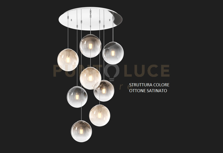 SOSP. OTTONE SAT. 8 LUCI TONDA VETRI PICCOLI (3 AMBRA+3 BRONZO+2 FUME') 1194OS-S8 TP-MC