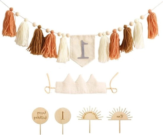 Decorazioni di compleanno per bambino - 1° compleanno maschio femmina - decorazione di compleanno per bambini con corona e cappello - topper di torta - striscione - beige.