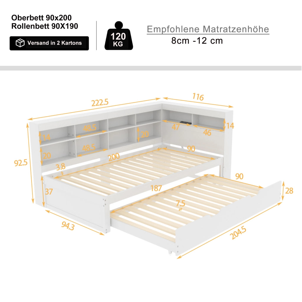 Letto estraibile singolo 90×200 cm con USB e vani portaoggetti; senza materasso; legno; bianco