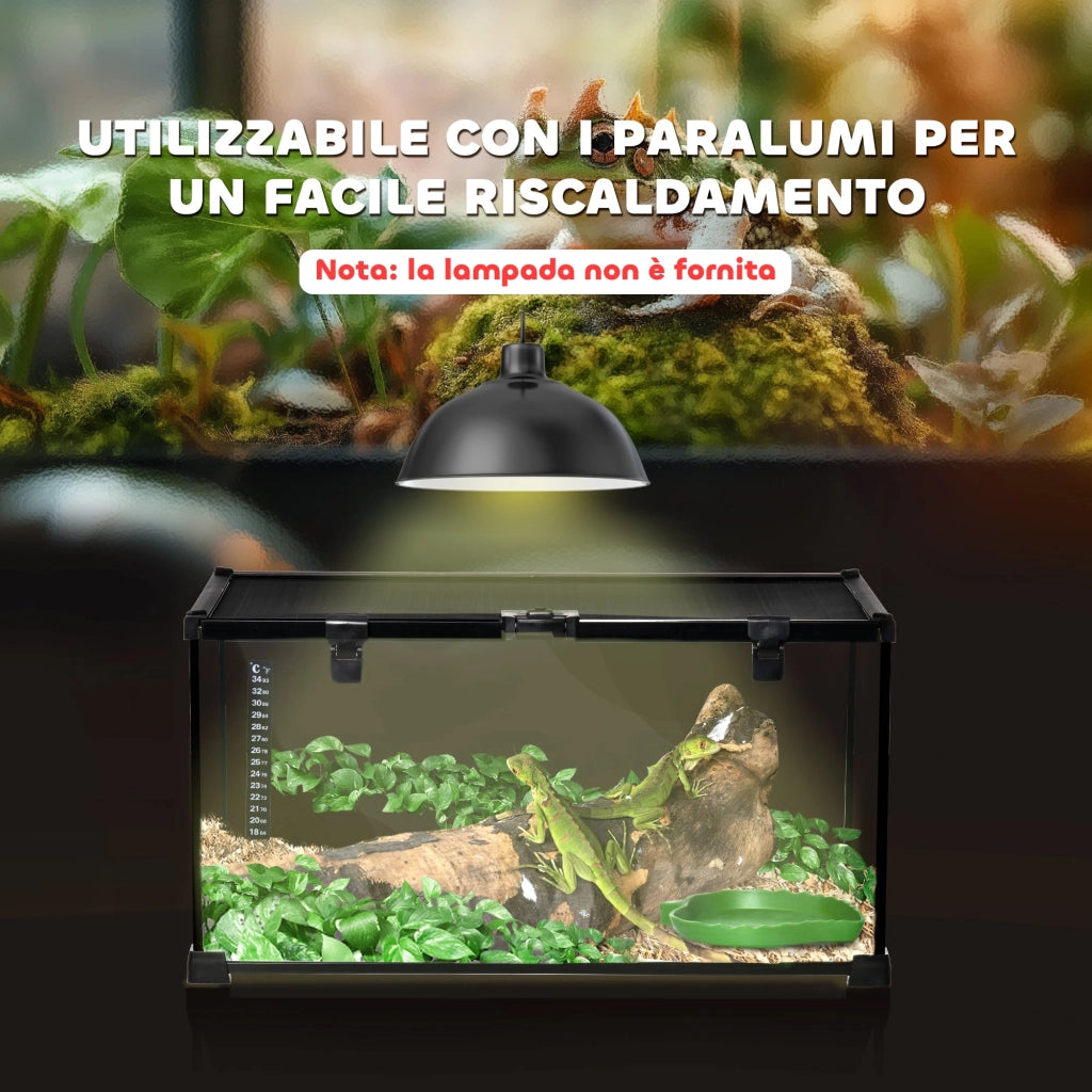 Terrario per Rettili Rialzato 50x30x25 cm con Serratura e Termometro in Vetro e Rete Metallica Nero