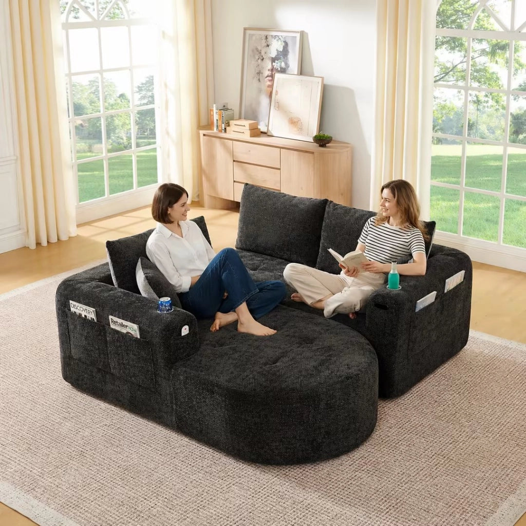 Divano angolare modulare L con portabicchieri in acciaio inox, tasche laterali e lino nero 255 × 170 × 67 cm