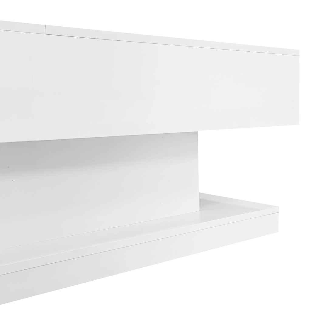 Tavolino da caffè 100x50x45 cm; piano sollevabile e scorrevole con LED; truciolare bianco