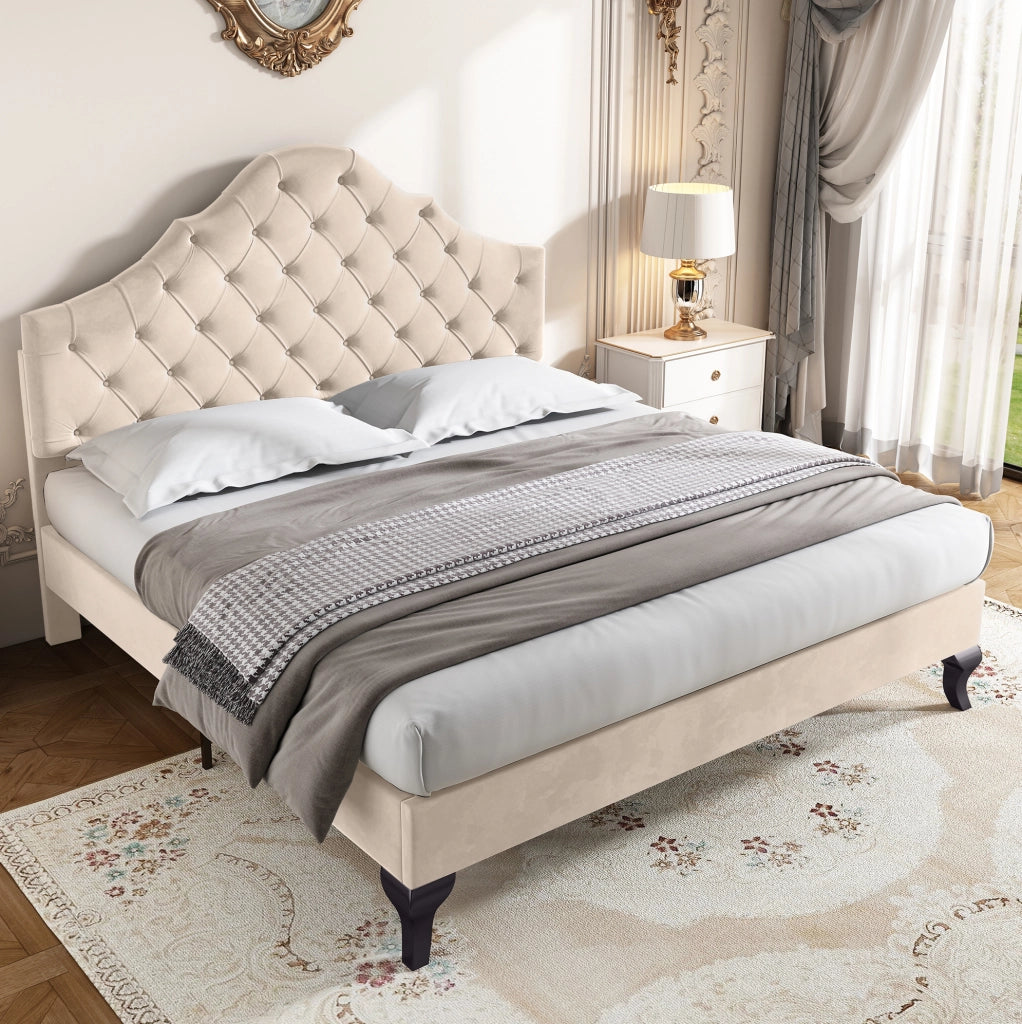 Letto imbottito 140x190 cm con rete a doghe e testiera regolabile in altezza; velluto off white
