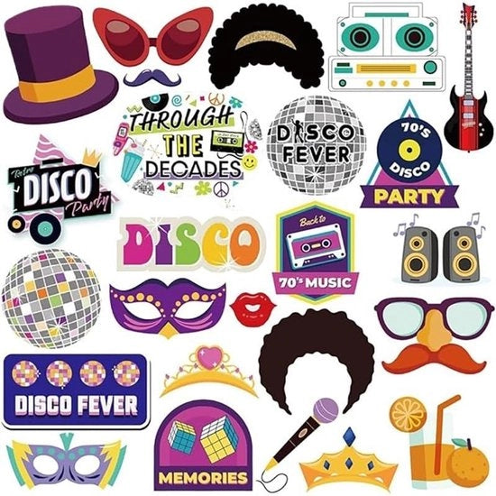 Set di accessori fotografici da 25 pezzi - Stile anni '70 - Accessori per feste - Cabina fotografica - Bastone di bambù - Scatola rigida