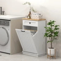 Mobiletto Bagno in Legno con Cesto Portabiancheria in Tessuto Ribaltabile e Cassetto, Bianco