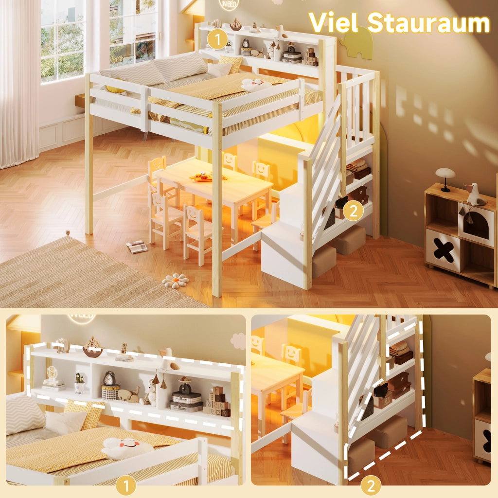 Letto castello 140x200 LED stivaggio scala vano bianco/naturale