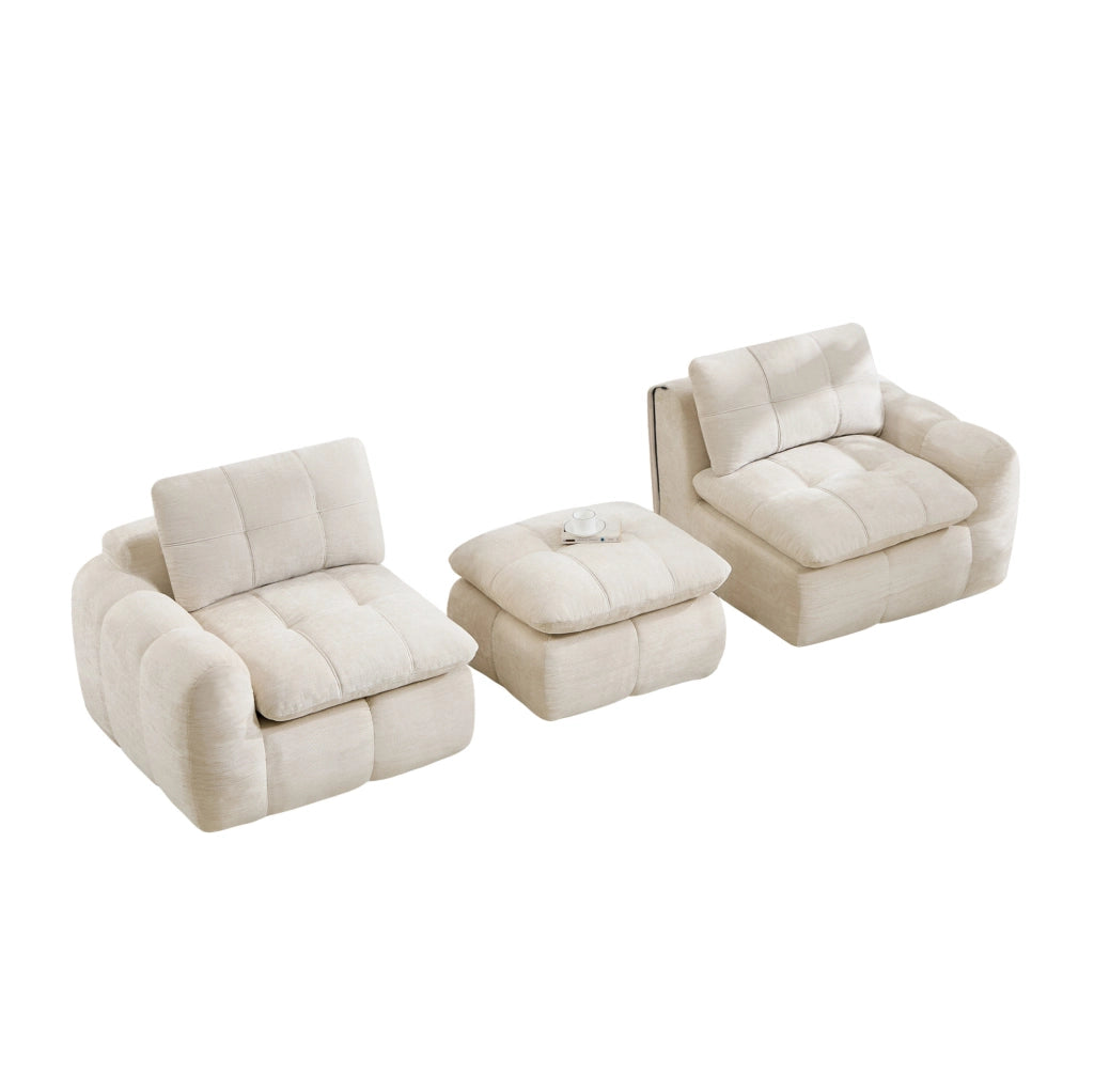 Divano modulare angolare 2 posti con pouf 194x160x68 cm in chenille beige