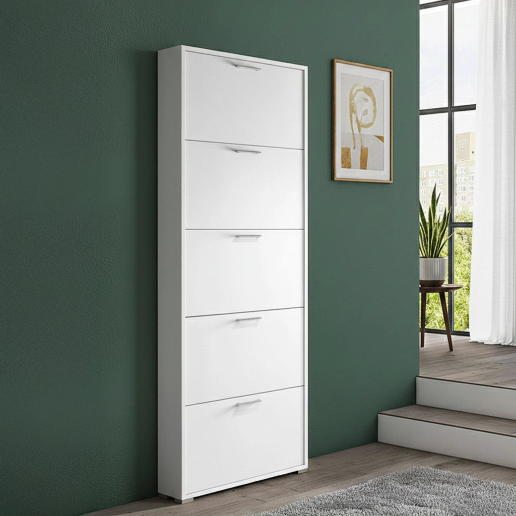 Scarpiera Amigo, Mobile multiuso da ingresso con 5 ante a ribalta, Armadietto portascarpe moderno, Made in Italy, Cm 67x18h184, Bianco