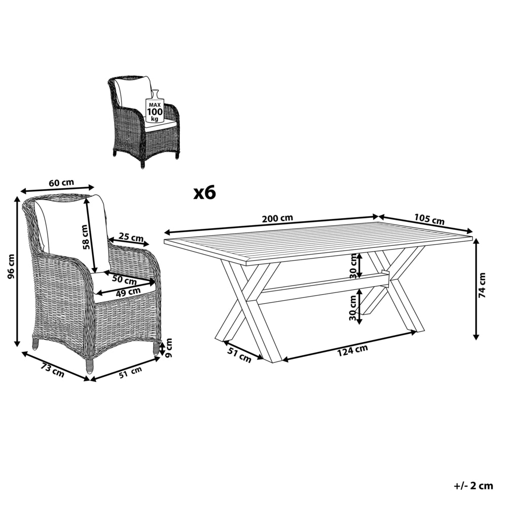 Set da pranzo da giardino Tavolo da 6 posti in rattan sintetico grigio e 6 sedie con cuscini grigi