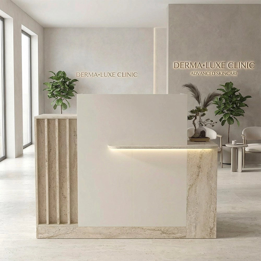 Bancone Reception Dayana 150 cm Cashmere e Travertino con LED – Design Moderno