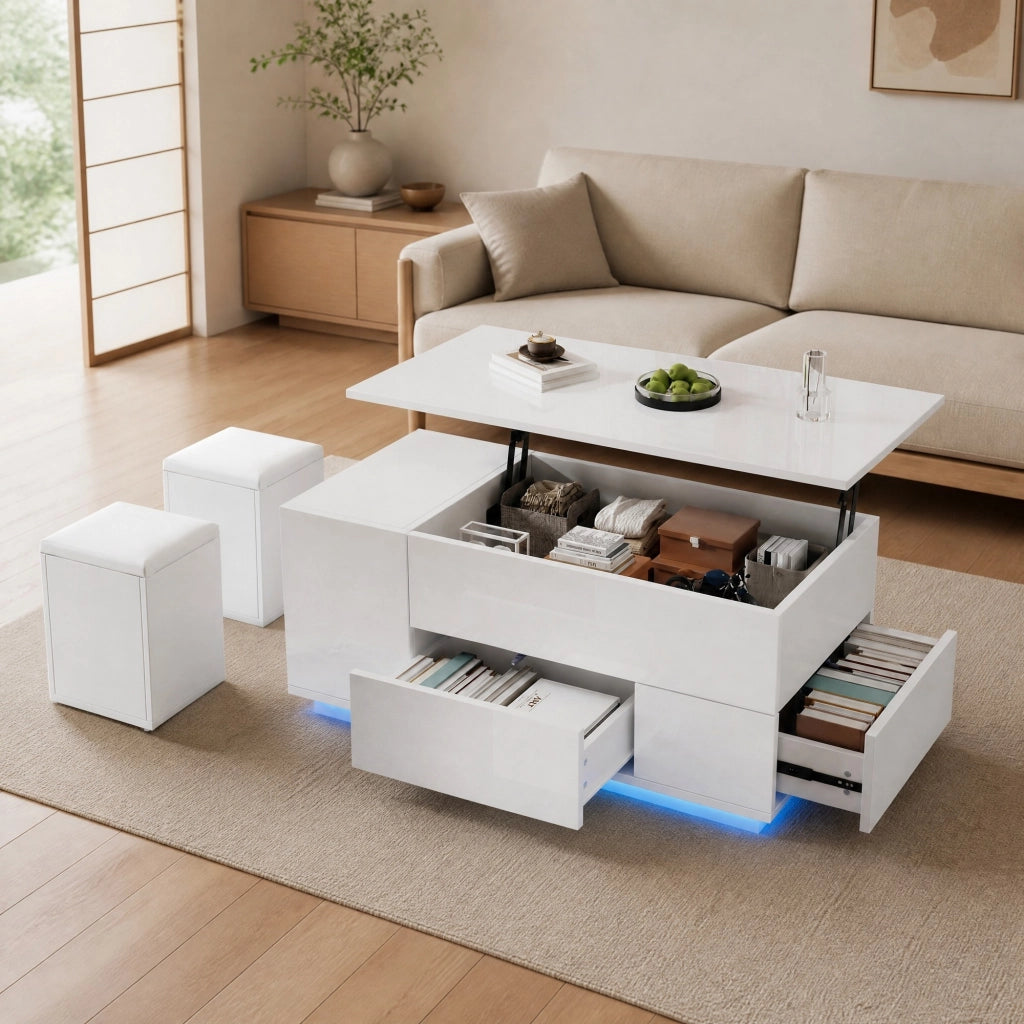 Tavolino da salotto sollevabile 100x50x45 cm in truciolare bianco con LED; 2 cassetti e 2 sgabelli