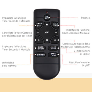 Camino Elettrico da Parete con 2 Livelli di Riscaldamento 900-1800W Fiamma 7 Colori e Telecomando Nero