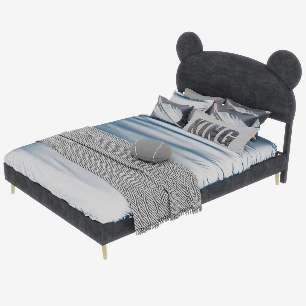 Letto per Bambini 140x200 cm; Letto Singolo - Testiera Orso; Angoli Arrotondati - Grigio