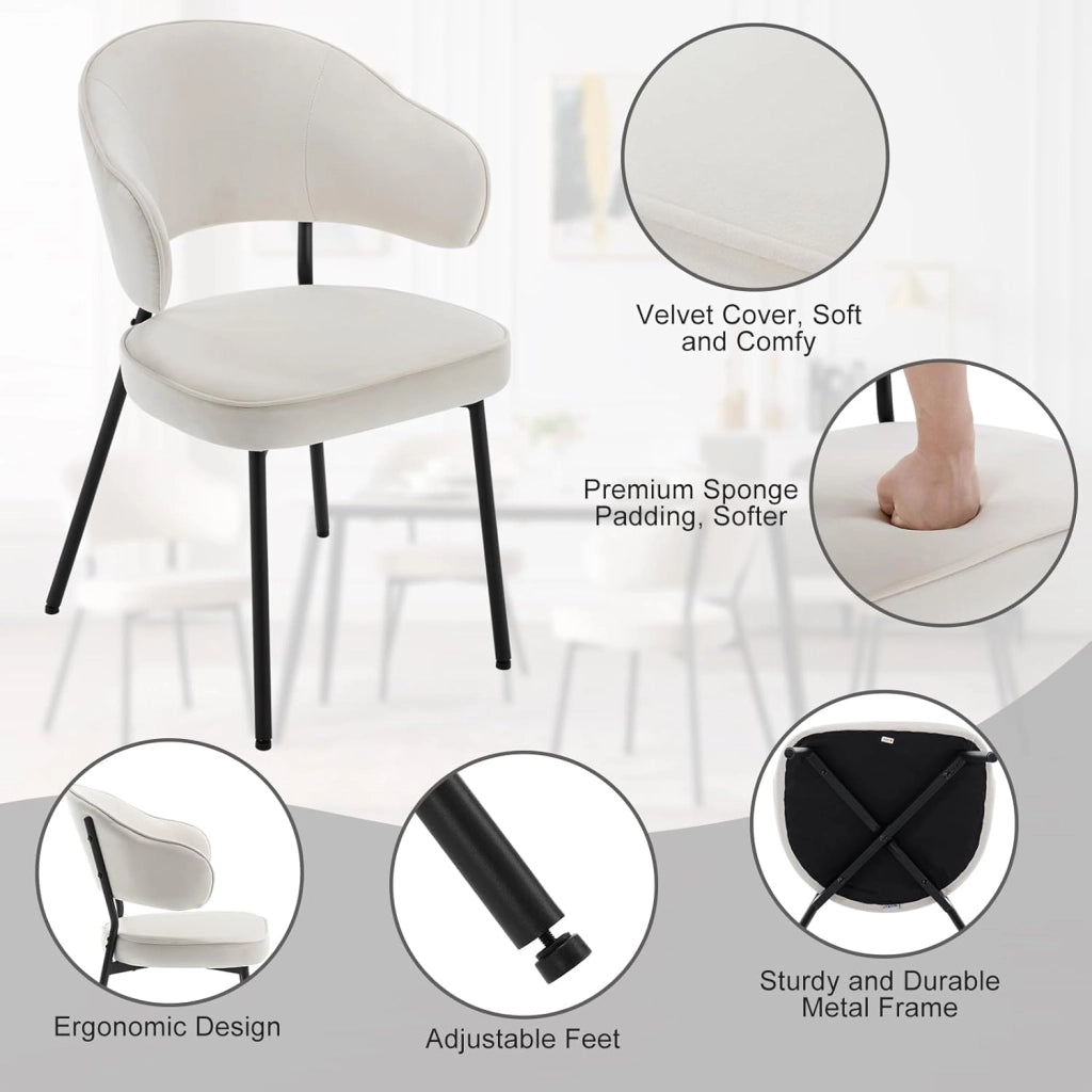 Set di 2 Sedie per Sala da Pranzo, Sedie da Cucina con Schienale, Sedie Imbottite e Rivestite in Velluto con Gambe Metalliche, Sedie Moderne per Camera da Letto, Soggiorno, Crema, BH389cm-2