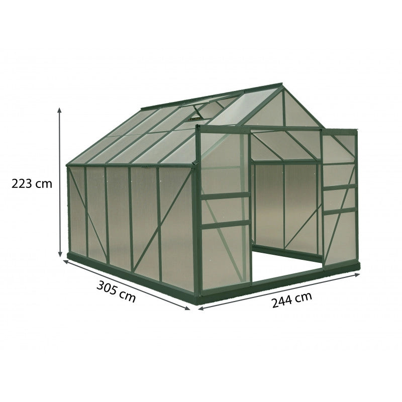 Serra da giardino in alluminio 244x305 cm – 7,44 m² – policarbonato 4 mm e base inclusa – verde – SR3024 Foresta