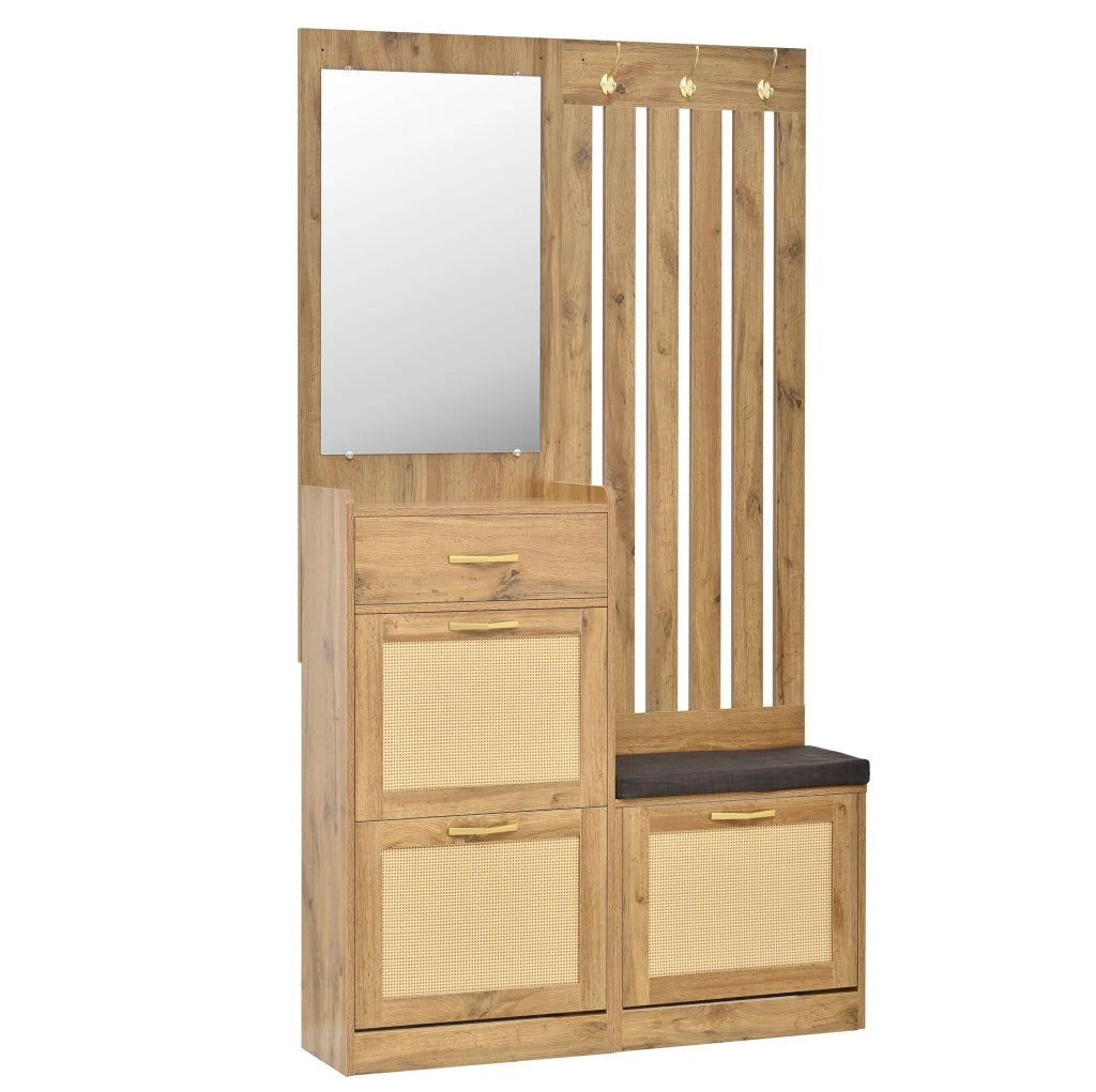 Garderoba da ingresso 99.5x26x180 cm con specchio; pannelli portascarpe ribaltabili e panca imbottita; MDF; naturale