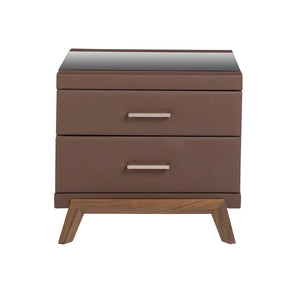 Comodino in similpelle, noce con piano in vetro nero