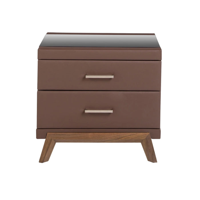 Comodino in similpelle, noce con piano in vetro nero