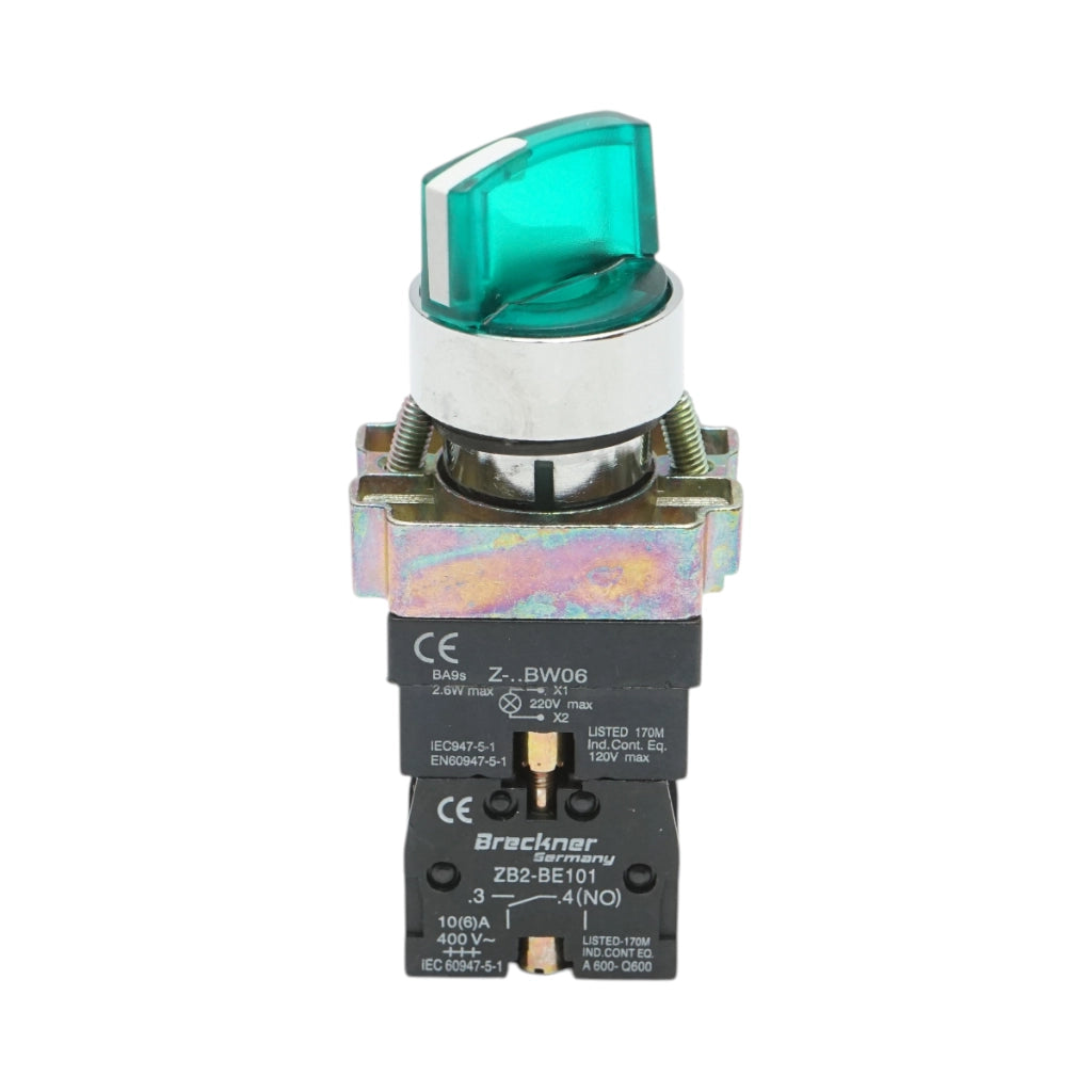 Selettore a 2 posizioni con ritenuta e indicatore di segnalazione LED verde 1NO+1NC, 220V, LAY5 Breckner Germany