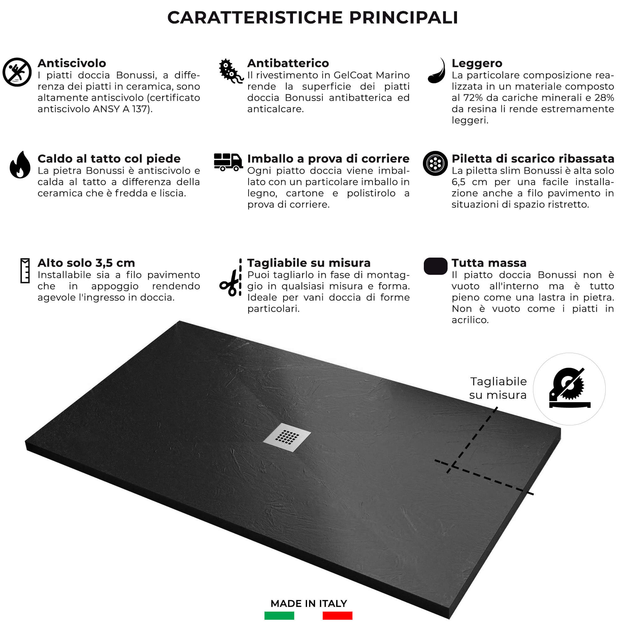 Piatto Doccia in Pietra 80x110 cm Bonussi Ardesia Stone Central Nero