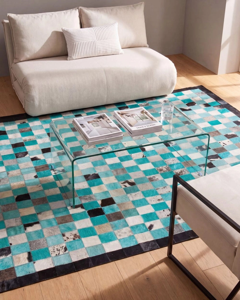 Tappeto tappetino Tappeto Turchese e Grigio Pelle Scacchi 160 x 230 cm Moderno Eclettico