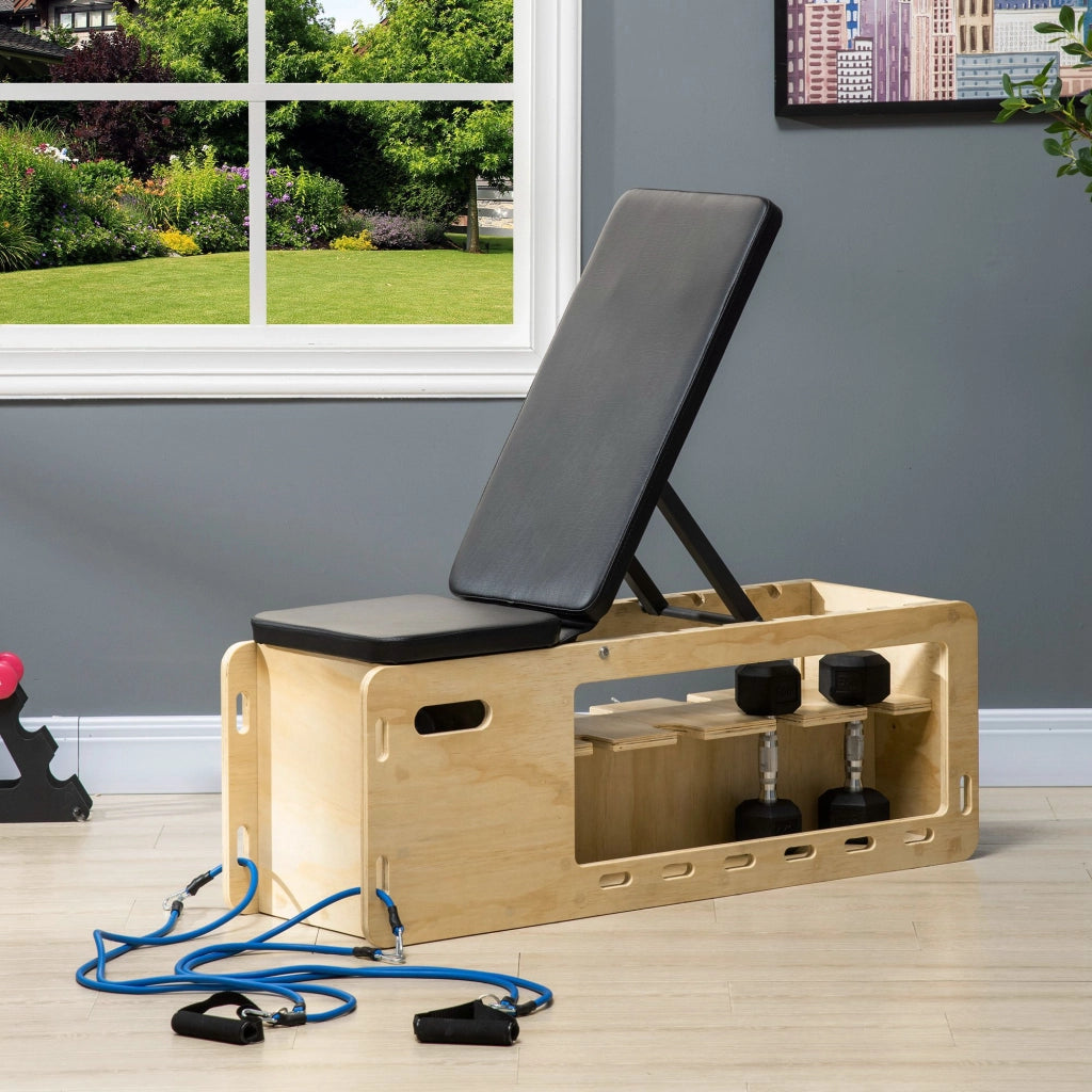 Panca Multifunzione con Schienale Regolabile Vano Contenitore Rack per Pesi ed Elastici in Legno
