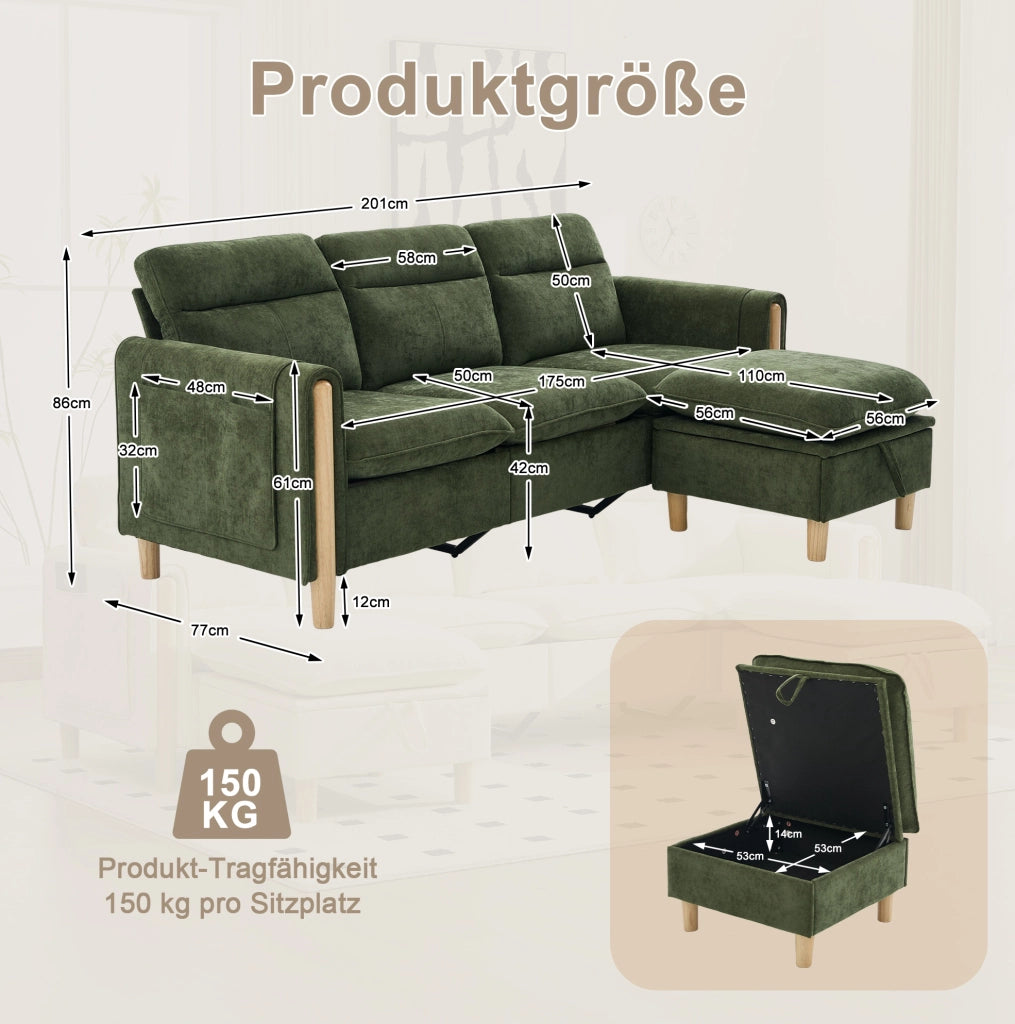Divano angolare 3 posti 201x77x86 cm verde con contenitore, chenille e tasche laterali