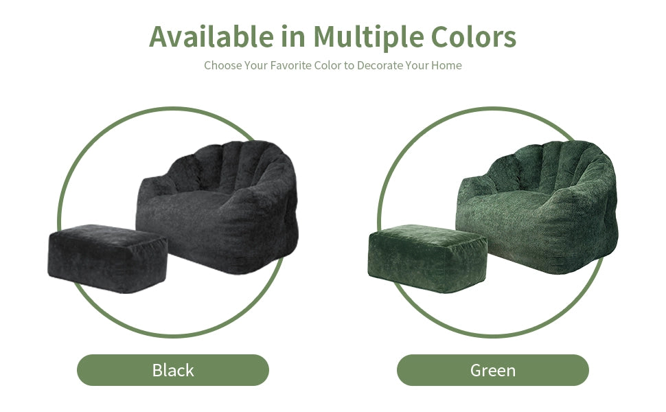 Fauteuil con pouf in ciniglia con schienale a petali e imbottitura ad alta resilienza verde scuro per relax