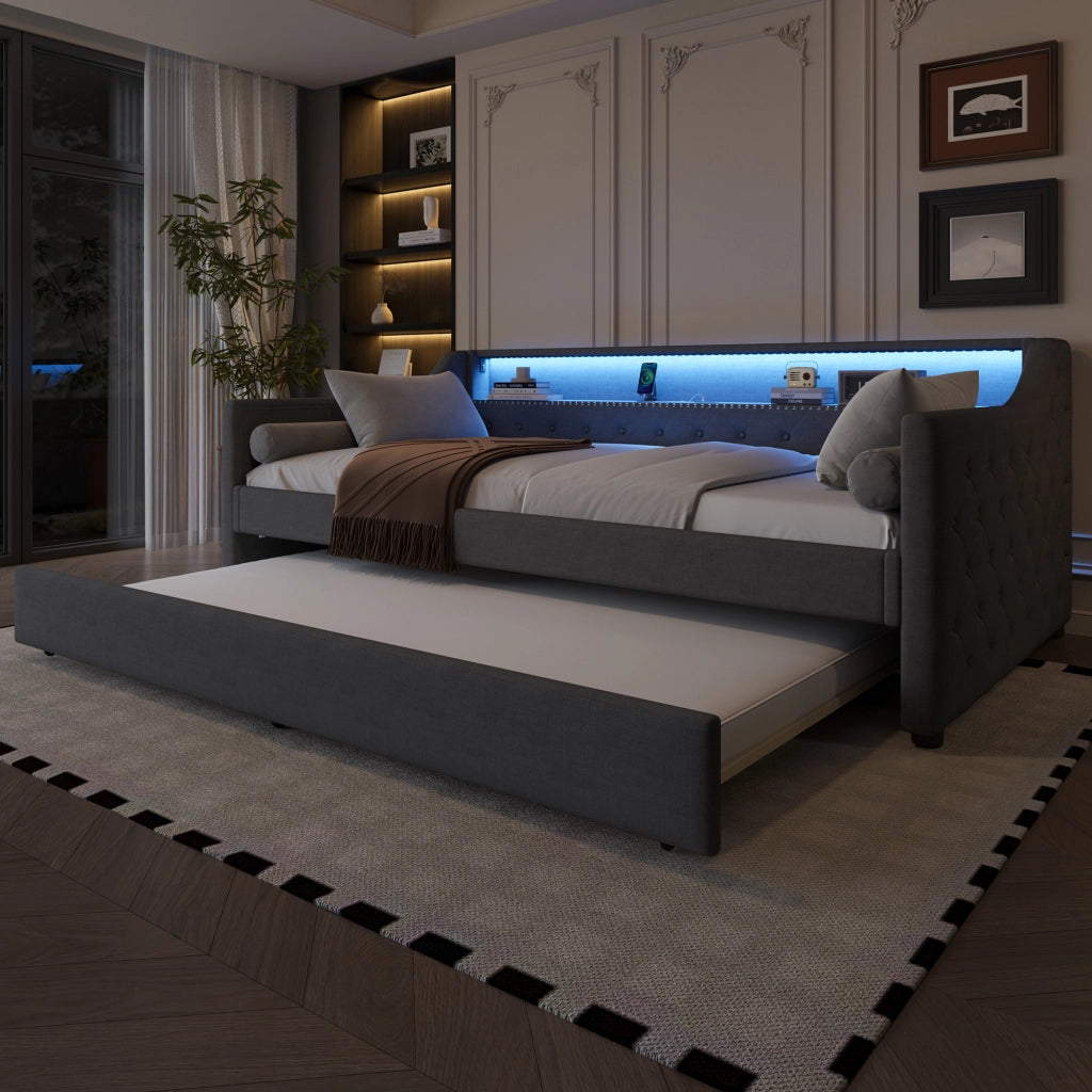 DESMIU Letto singolo 90 × 200 cm con letto estraibile, LED e USB, senza materasso, in lino, grigio