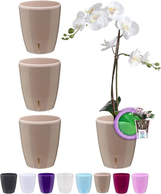 Set di 4 Vasi Auto-Idratanti per Orchidee con Sistema di Assorbimento dell'Acqua e Indicatore del Livello d'Acqua per Uso Interno con Diametro 16,5 cm (Sabbia 3,3 Litri)