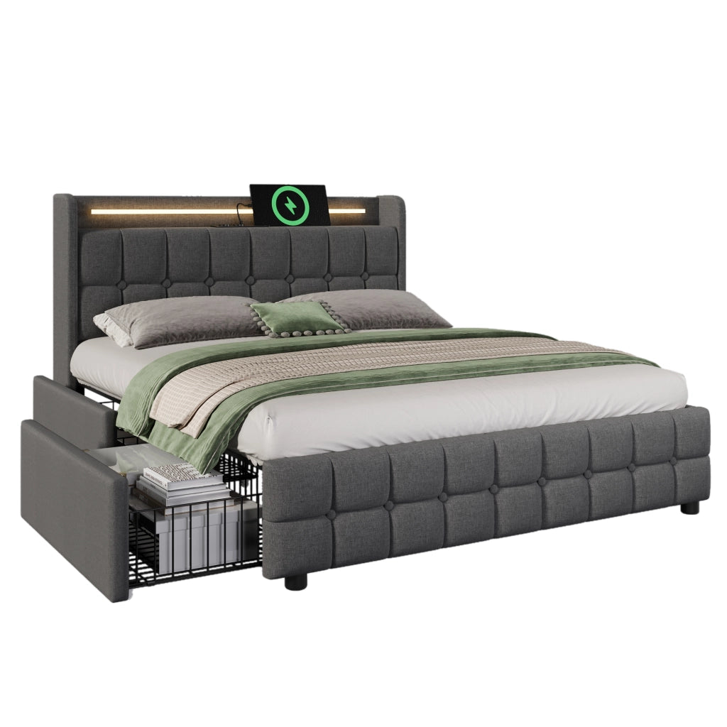 Letto matrimoniale imbottito – 140x200 cm – USB LED 4 cassetti – legno grigio