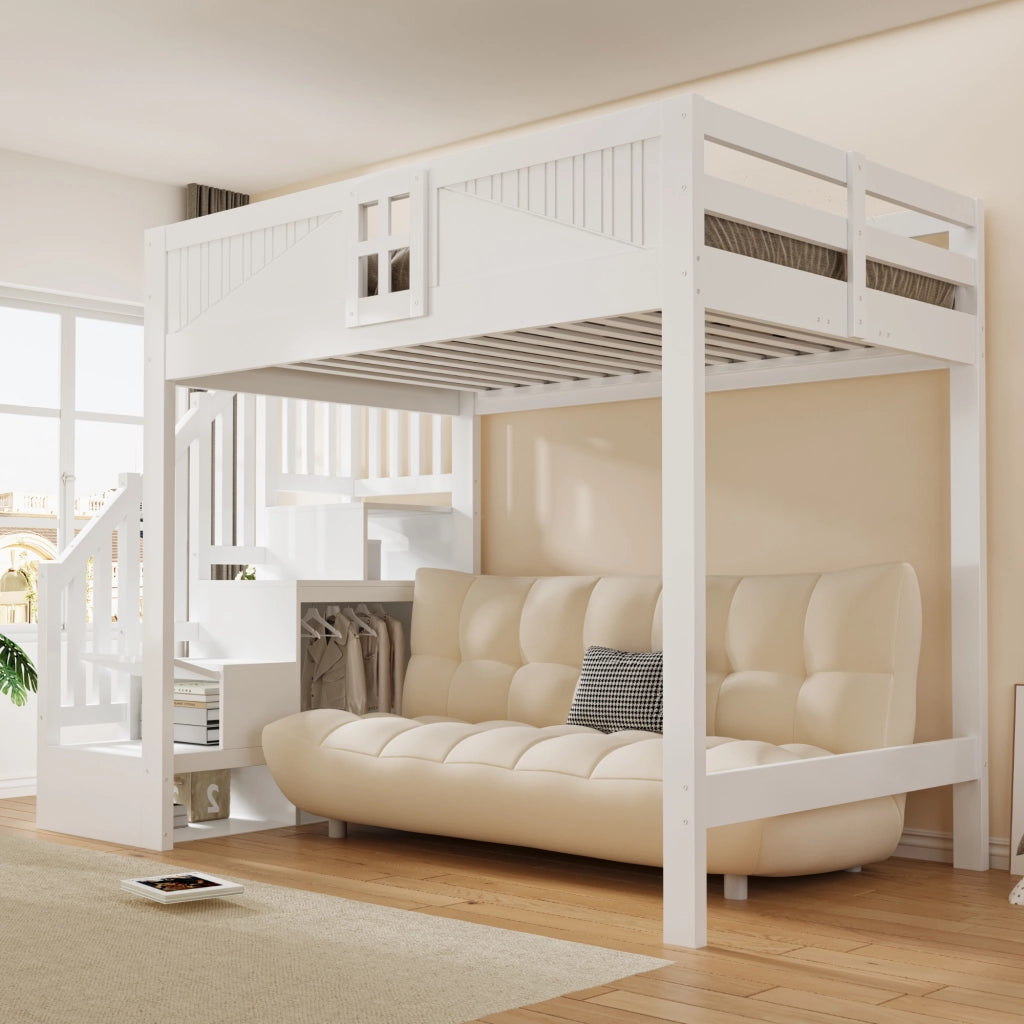 Letto a soppalco matrimoniale 140×200 cm con scaletta laterale; ripiani e barriera; senza materasso; legno; bianco