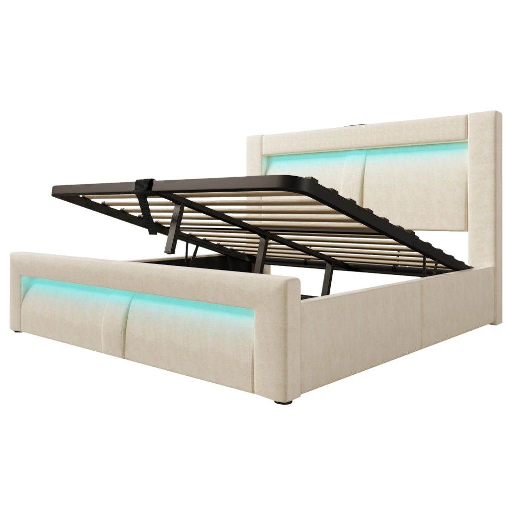 Letti contenitori 160x200 cm con contenitore; LED e ricarica USB; velluto beige (Senza materasso)