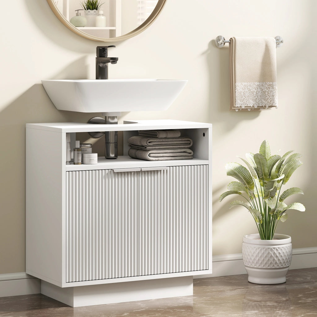 Mobile Sotto Lavabo Bagno con Ripiano Interno Regolabile e Ripiano Aperto. in Legno. 60x33x63 cm. Bianco