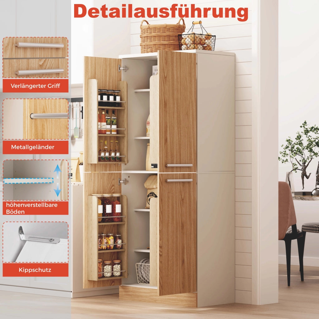 Dispensa alta con 4 ante e ripiani regolabili per cucina, in MDF, bianco e naturale, 76 × 42 × 180 cm