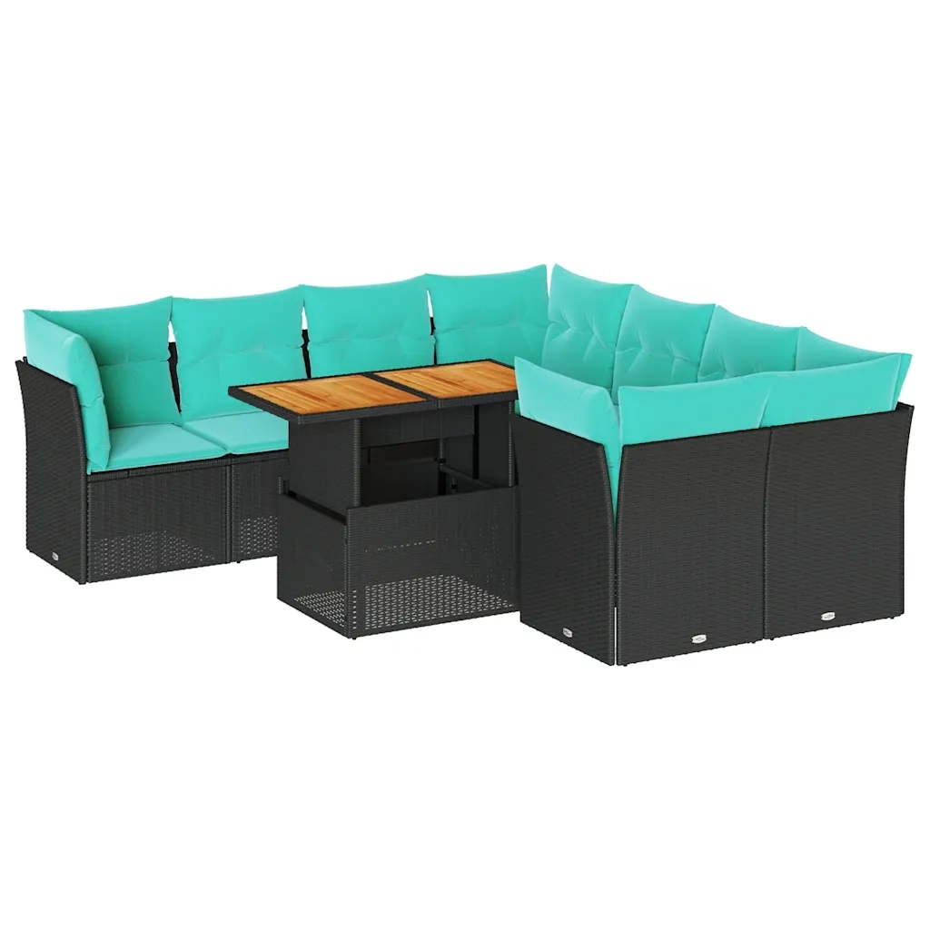 Set Divani da Giardino 9 pz con Cuscini Nero in Polyrattan 3326906