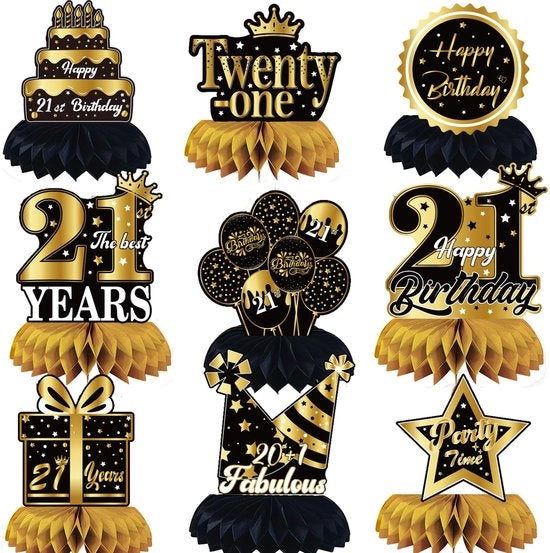 Decorazioni per Tavolo di Compleanno - 21° Compleanno - Centerpiece a Forma di Miele - Nero e Oro - Decorazioni per Festa di Compleanno per Ragazzi e Ragazze