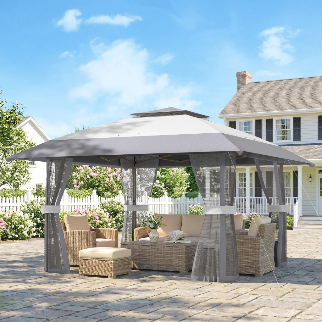 Gazebo Pieghevole 4x4m Pop-up ¨C Xylo ¨C Doppio Tetto con Laterali Rete Mesh Grigio UPF30+