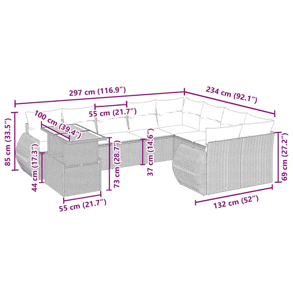 Set Divano da Giardino 10 pz con Cuscini Beige in Polyrattan