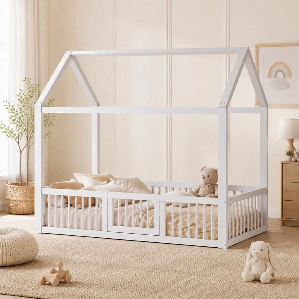 Letto a casetta 90 × 200 cm con barriera perimetrale e porta apribile in legno bianco