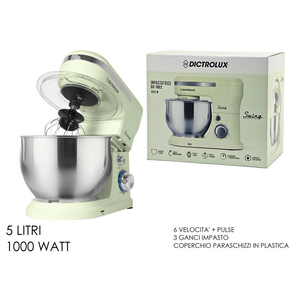 Trade Shop - Impastatrice Planetaria Da Cucina 1000w 5lt Con Coperchio Paraschizzi 3 Ganci 6 Velocità -