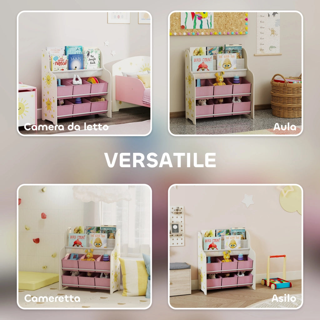 Scaffale Portagiochi per Bambini 63x30x71 cm con 6 Cassetti in Tessuto e Libreria a 2 Livelli in Legno e Acciaio Rosa