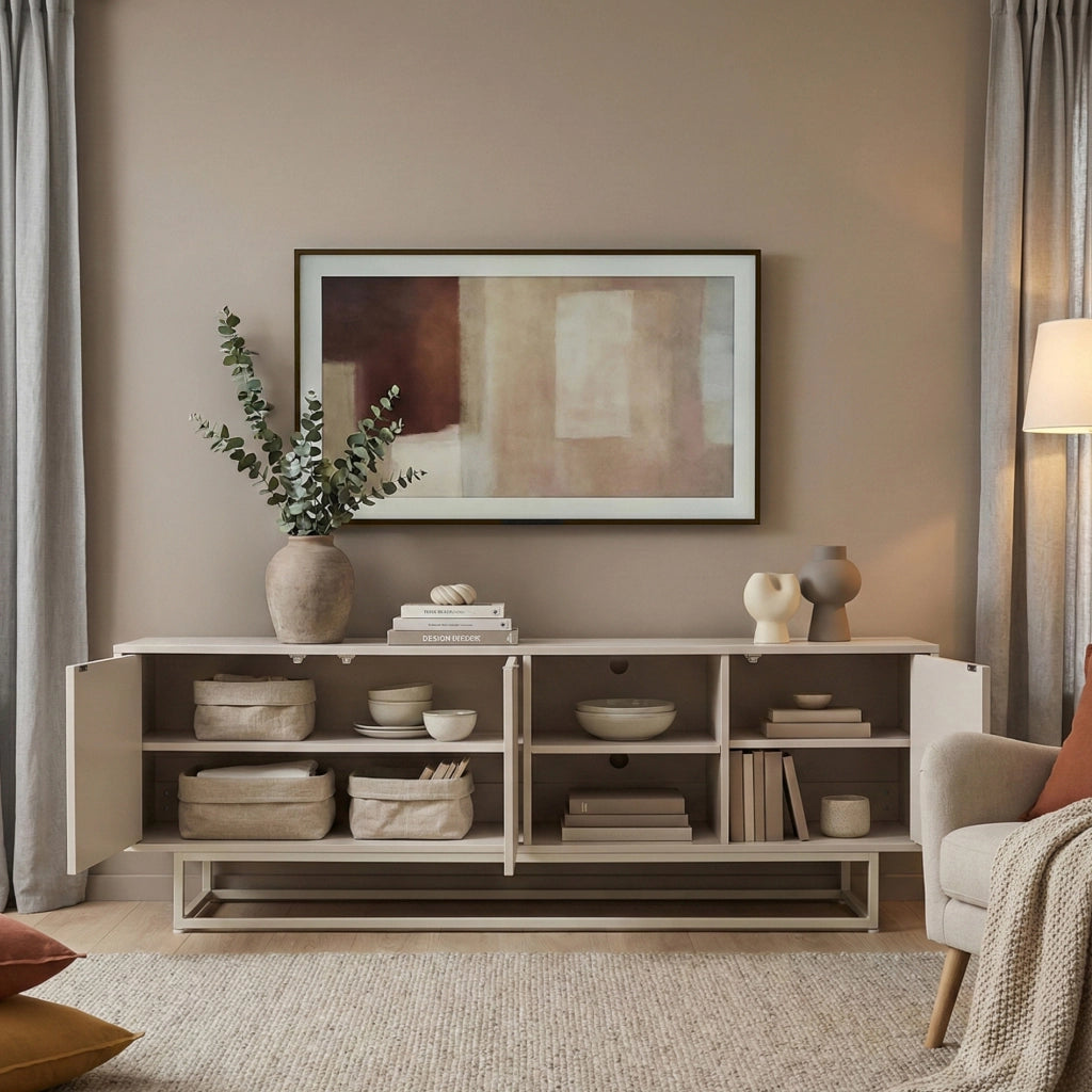 Armadietto Boxholm Credenza Bassa con 3 Ante Push-Open e 2 Vani Aperti 160x30x57 cm Avena Oatmeal [en.casa]