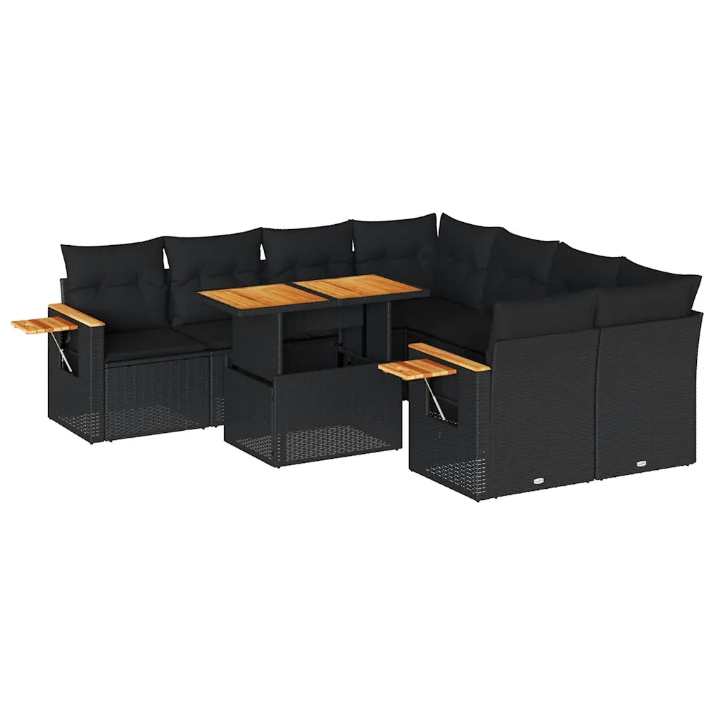 Set Divani da Giardino 9 pz con Cuscini Nero Polyrattan Acacia
