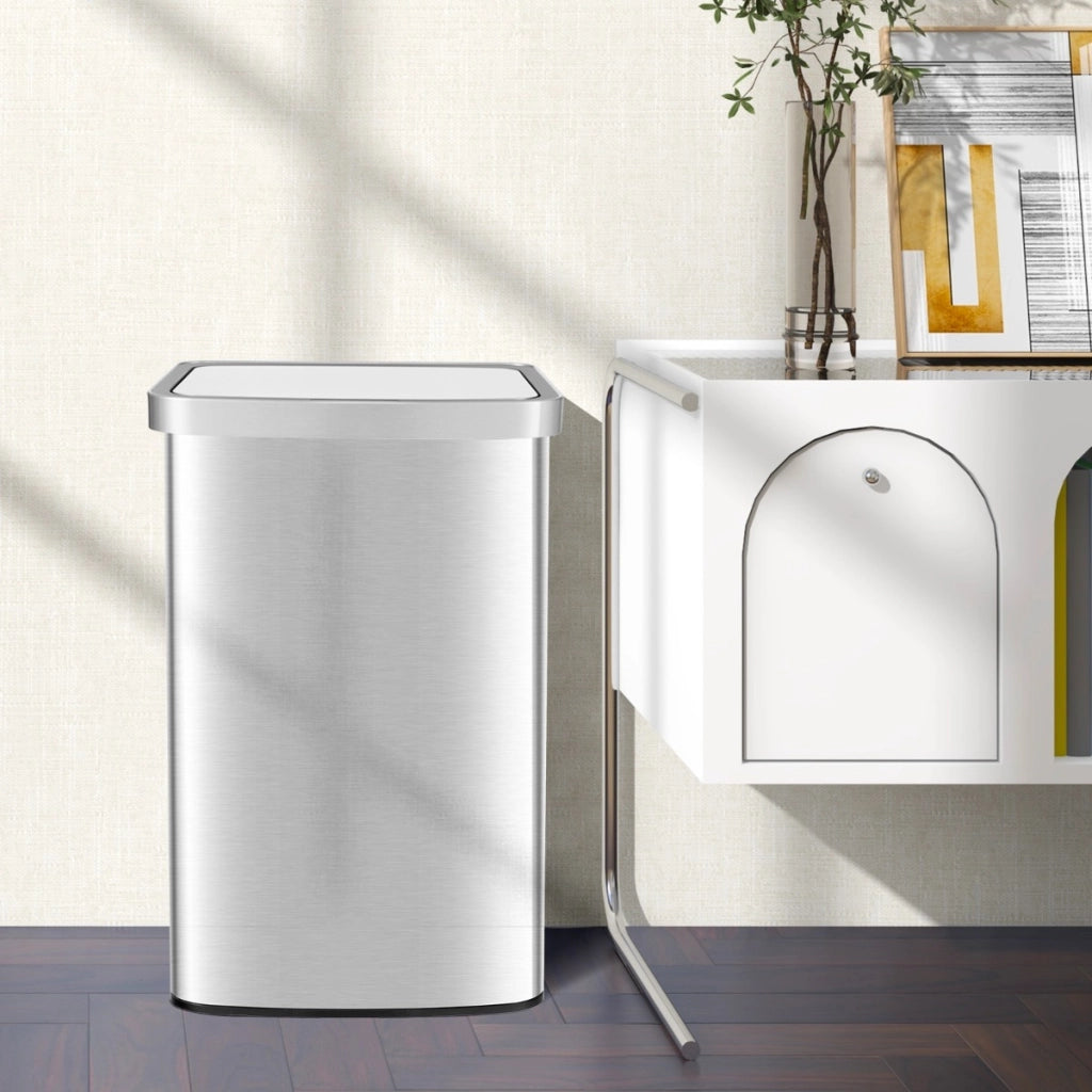 Cestino automatico da 50L con sensore di movimento infrarosso coperchio a chiusura soft, Bidone touchless Argento-Organizzazione della cucina