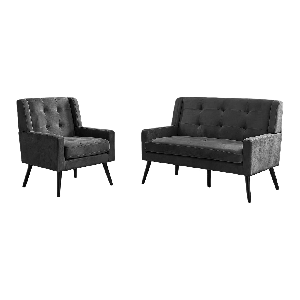 Fauteuil set 2 pezzi con cuscini in schiuma ad alta densità e gambe in legno massiccio grigio scuro
