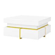 Tavolino da Salotto con 2 Cassetti e Dettagli Dorati; Finitura Lucida; Stile Moderno; in Pannello Truciolare; Bianco