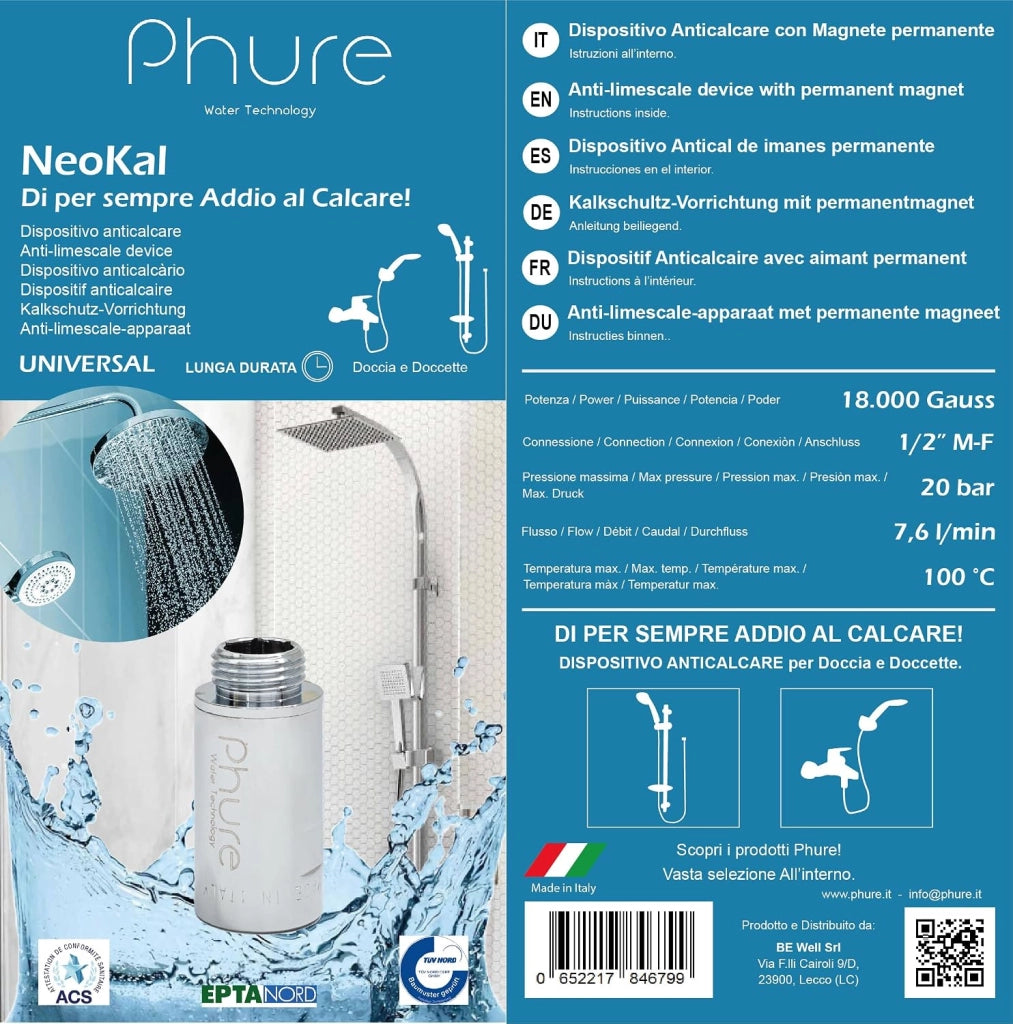 Phure Neokal Anticalcare Magnetico Protezione Per Doccia, Doccette, Vasca Da Bagno, Magneti Neodimio, Universale 1/2"