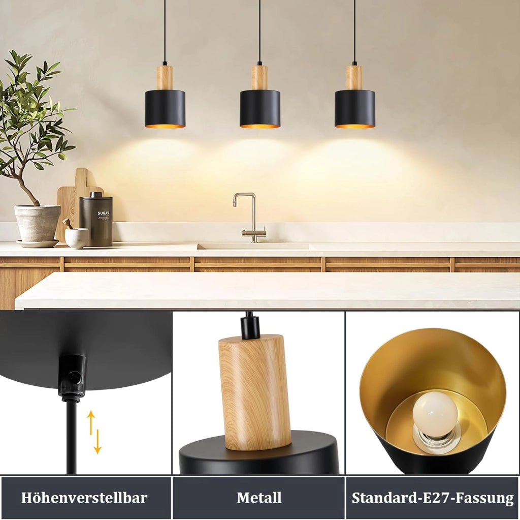 ZMH Lampada a sospensione da cucina retrò E27 40W nero e oro altezza regolabile per isola cucina o zona pranzo